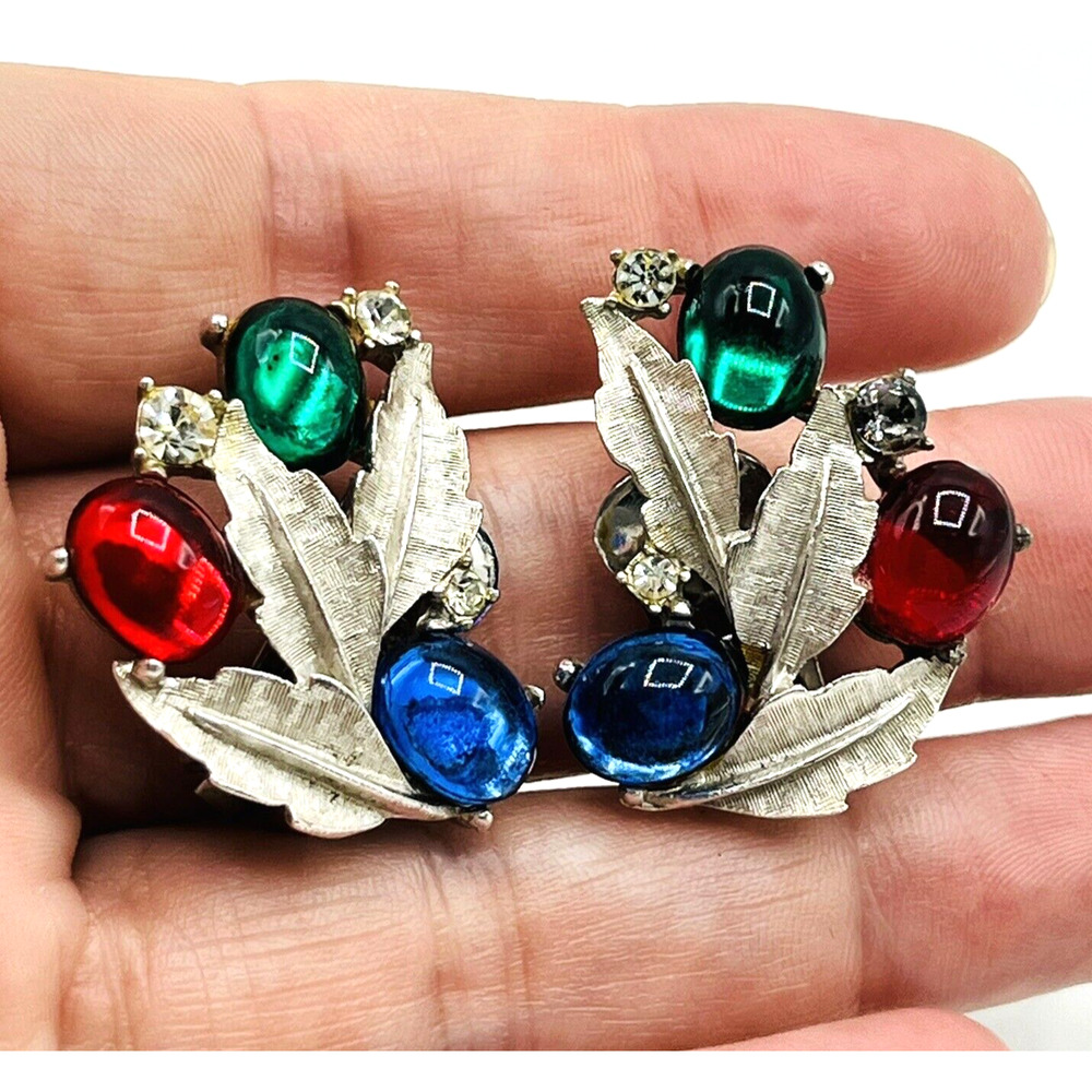 Vintage Arthur Pepper ART Silver Tone Clip On Earrings Leaf Colorful Cabochons